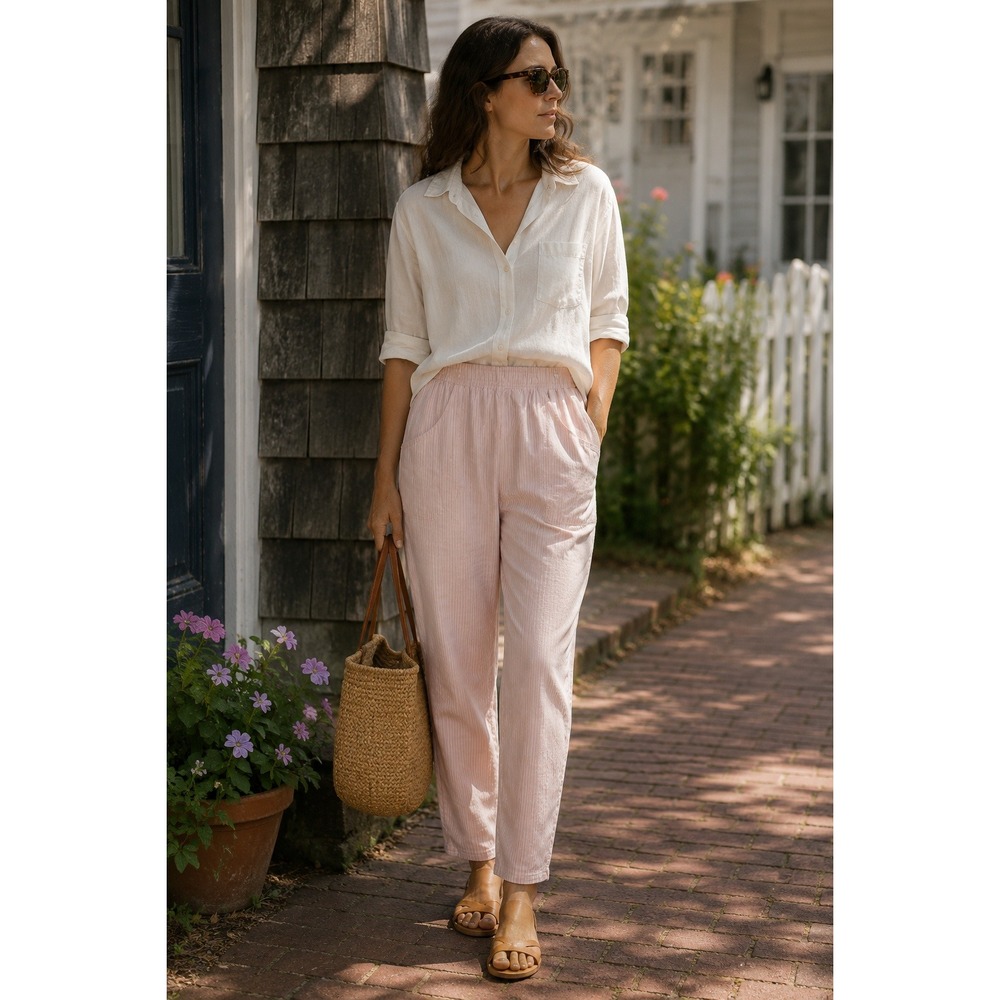 VTG! Cascade Blues Pink White Pants Elastic Waist Trousers 90s 80s Indie M Retro